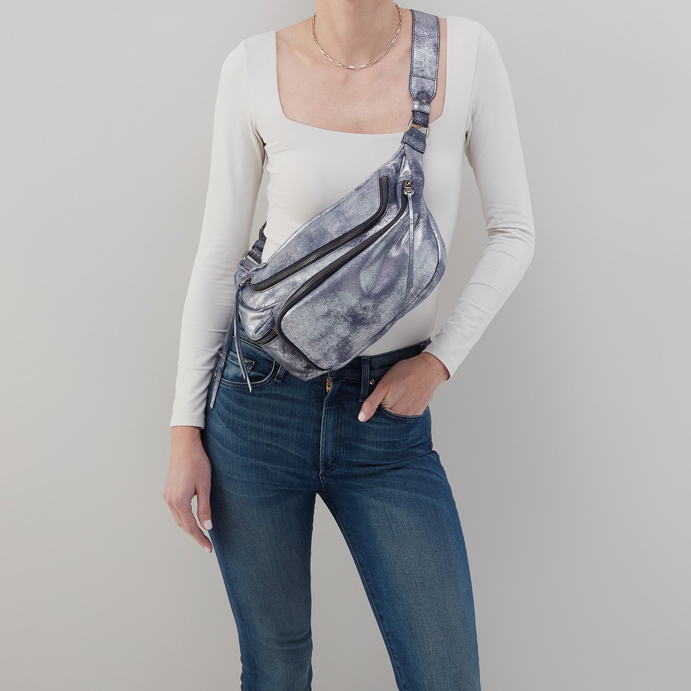 Via Belt Bag Sling In Metallic Leather – Blue Pewter - HOBO