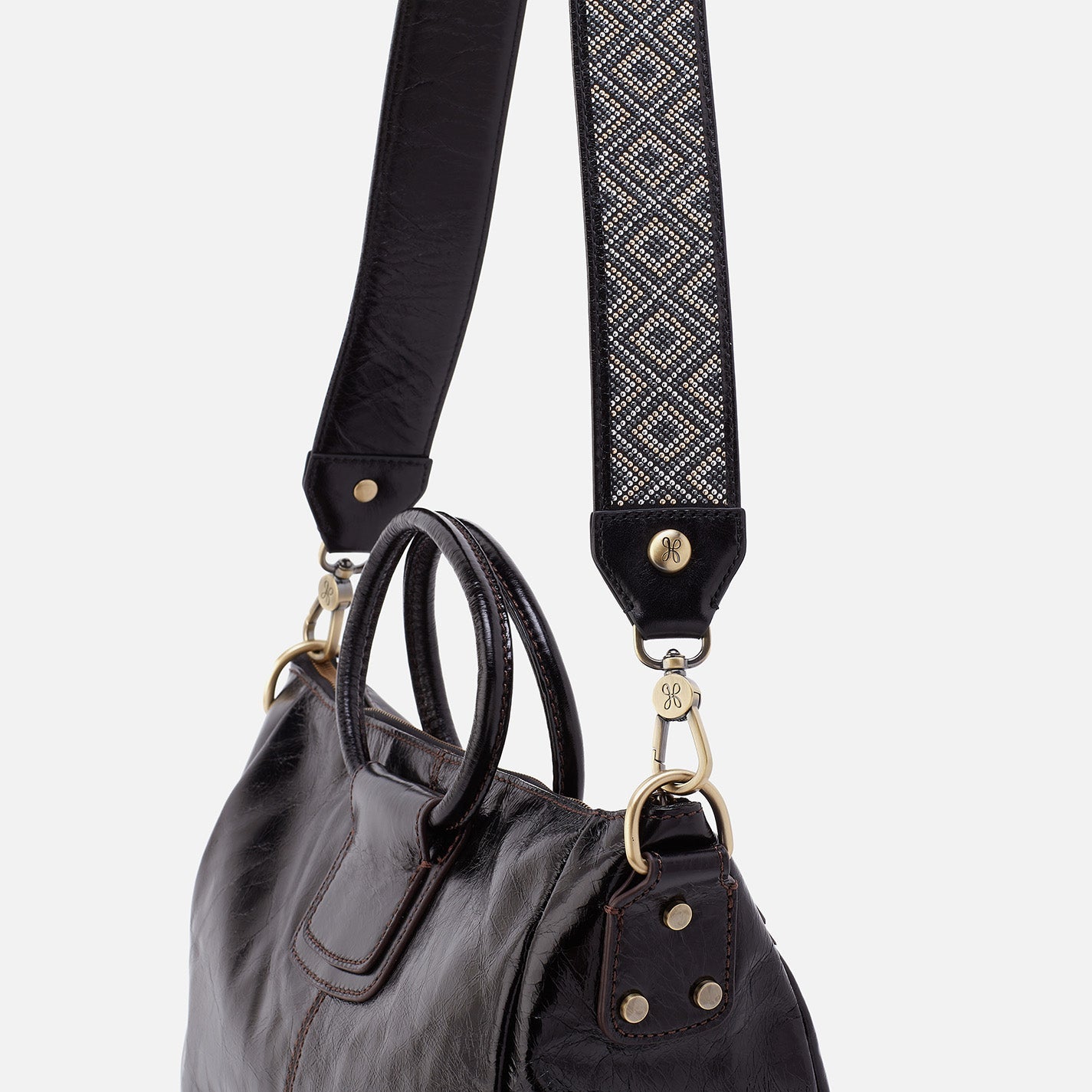 Beaded Guitar Strap in Polished Leather – Black - HOBO