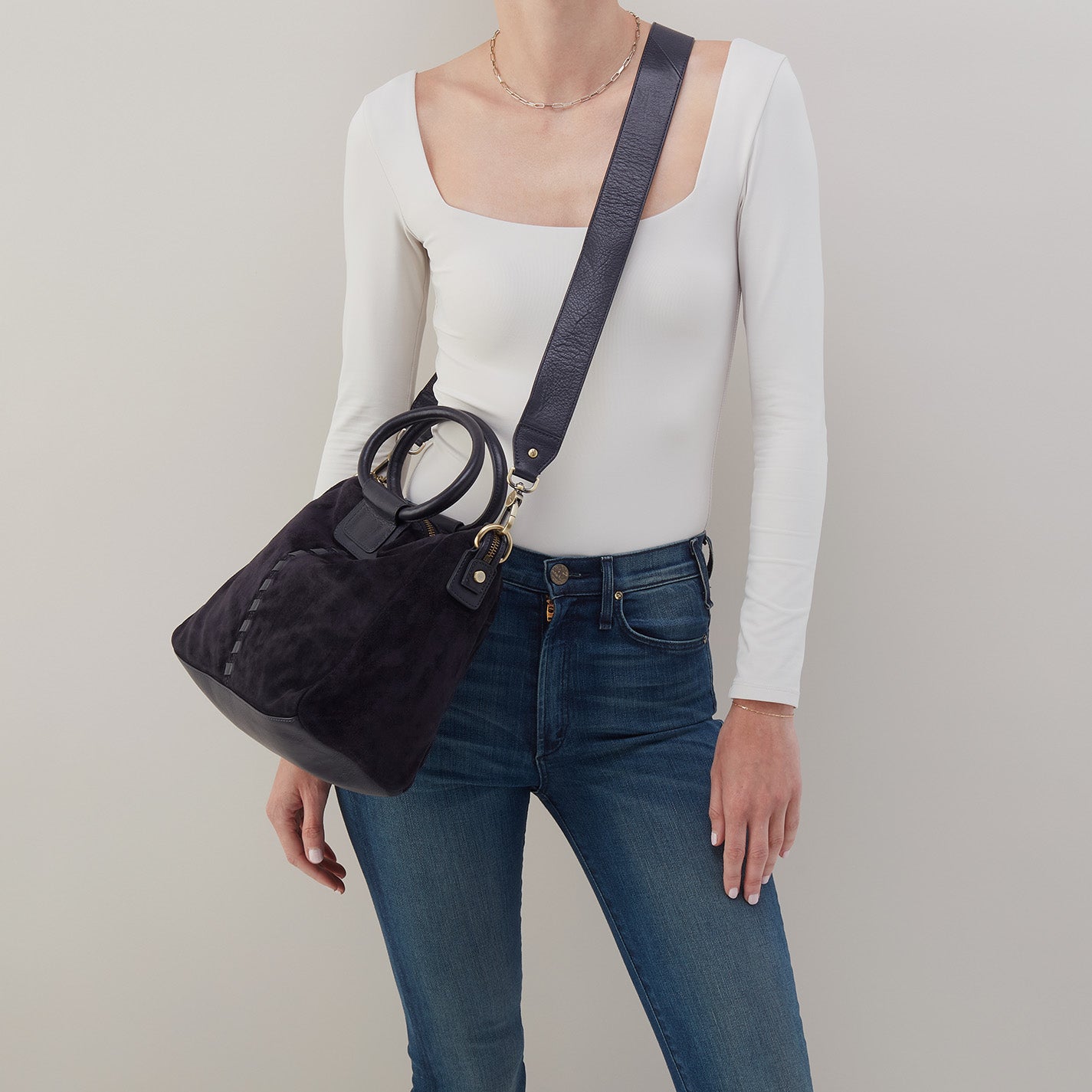 Sheila Medium Satchel in Suede – Navy - HOBO