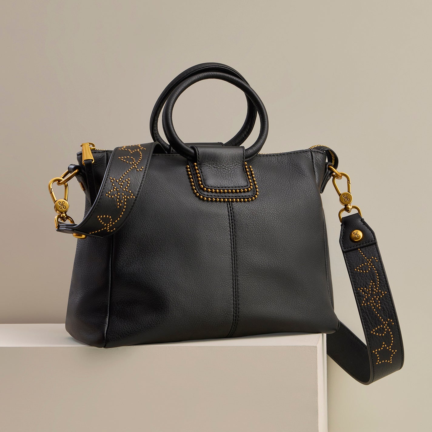 Sheila Medium Satchel in Pebbled Leather – Black With Studs - HOBO