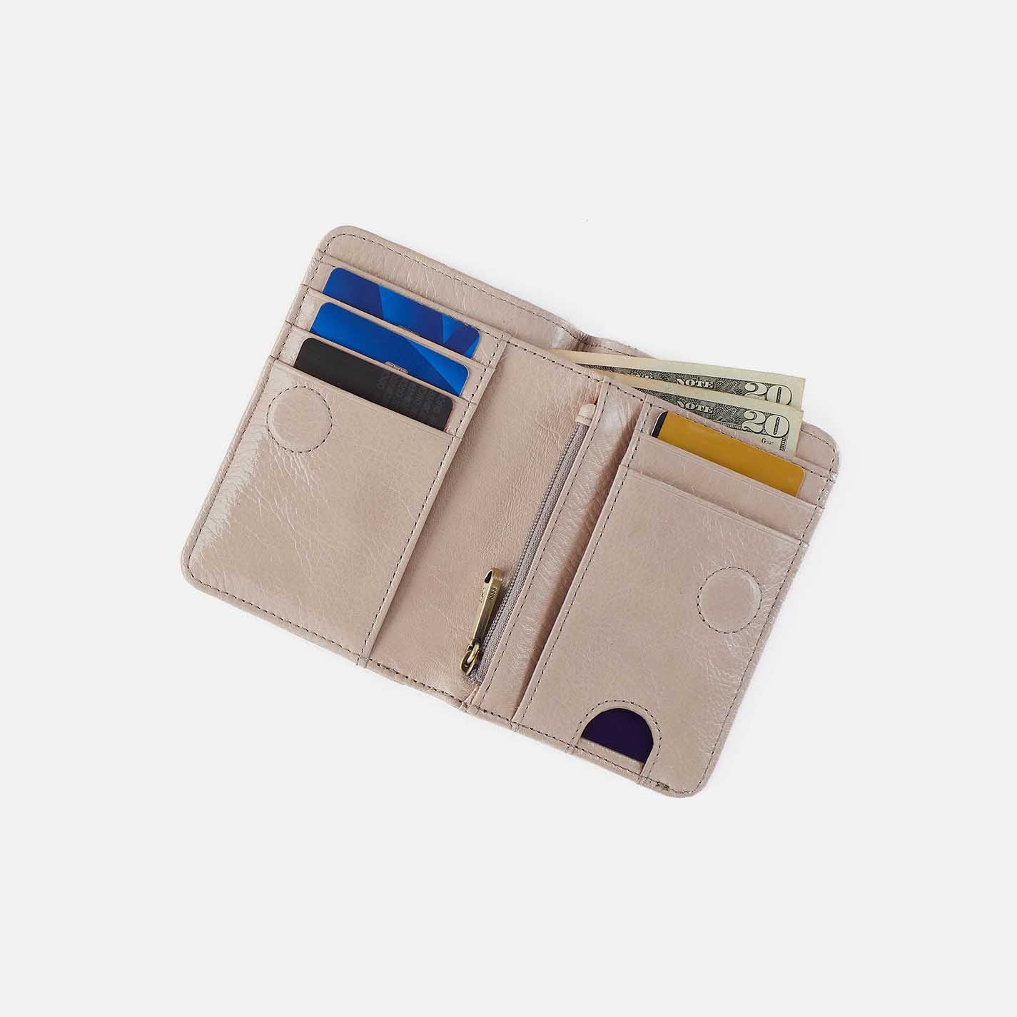 Jill Bifold Wallet in Aniline Gloss Leather – Stone Gloss - HOBO