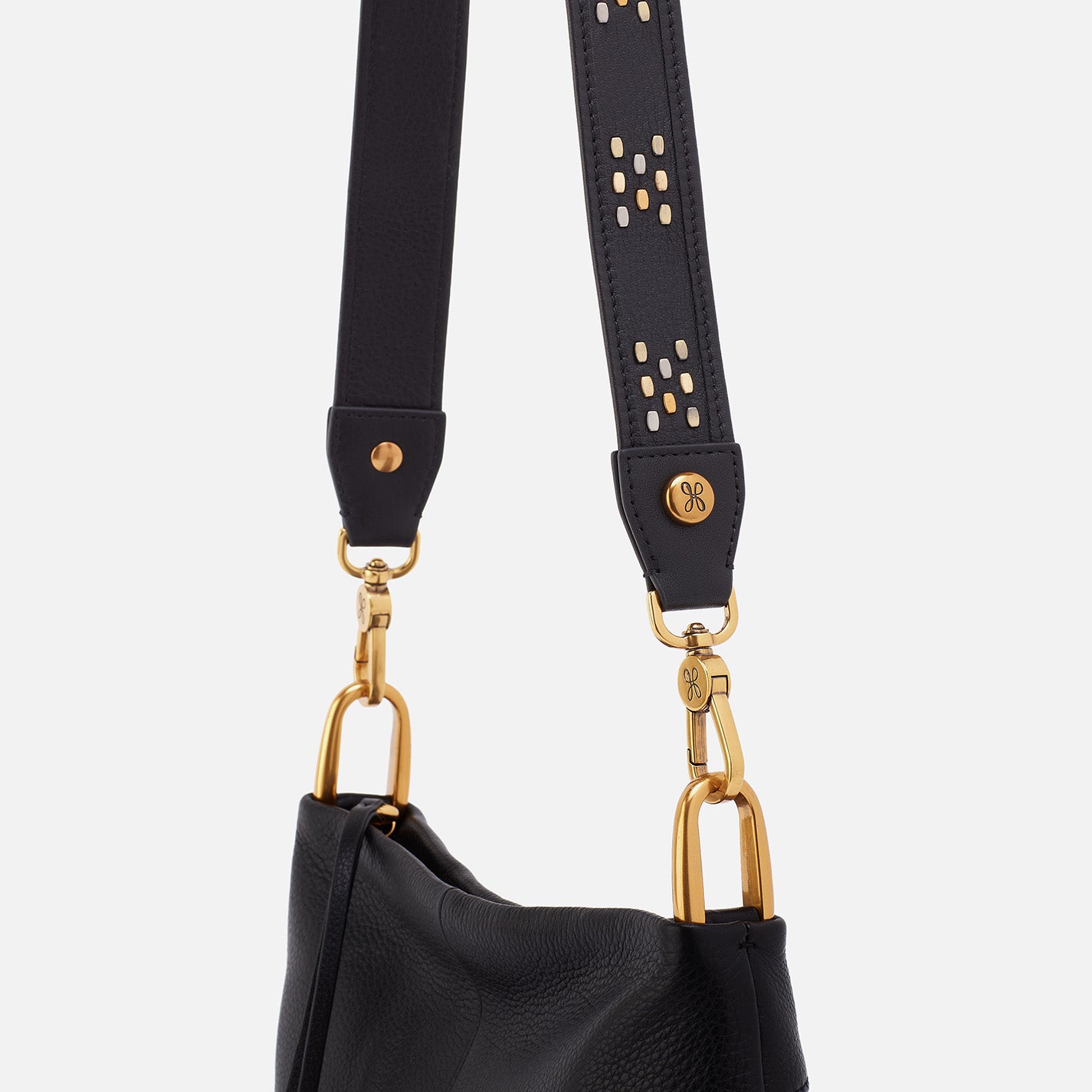 Flat Stud Guitar Strap In Polished Leather – Black - HOBO