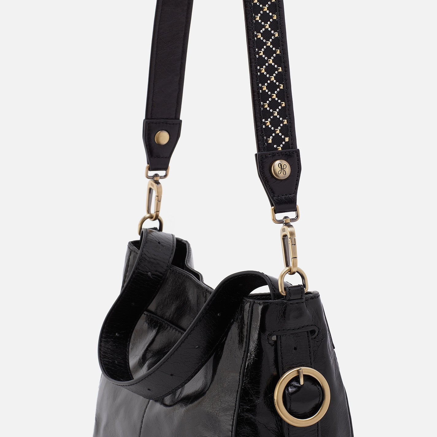 Lattice Stud Strap in Polished Leather – Black - HOBO